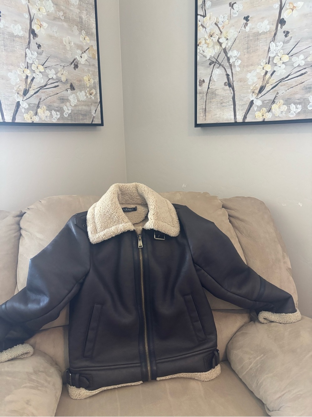 Ralph Lauren Brown Leather Jacket with Cream Sherpa Collar
